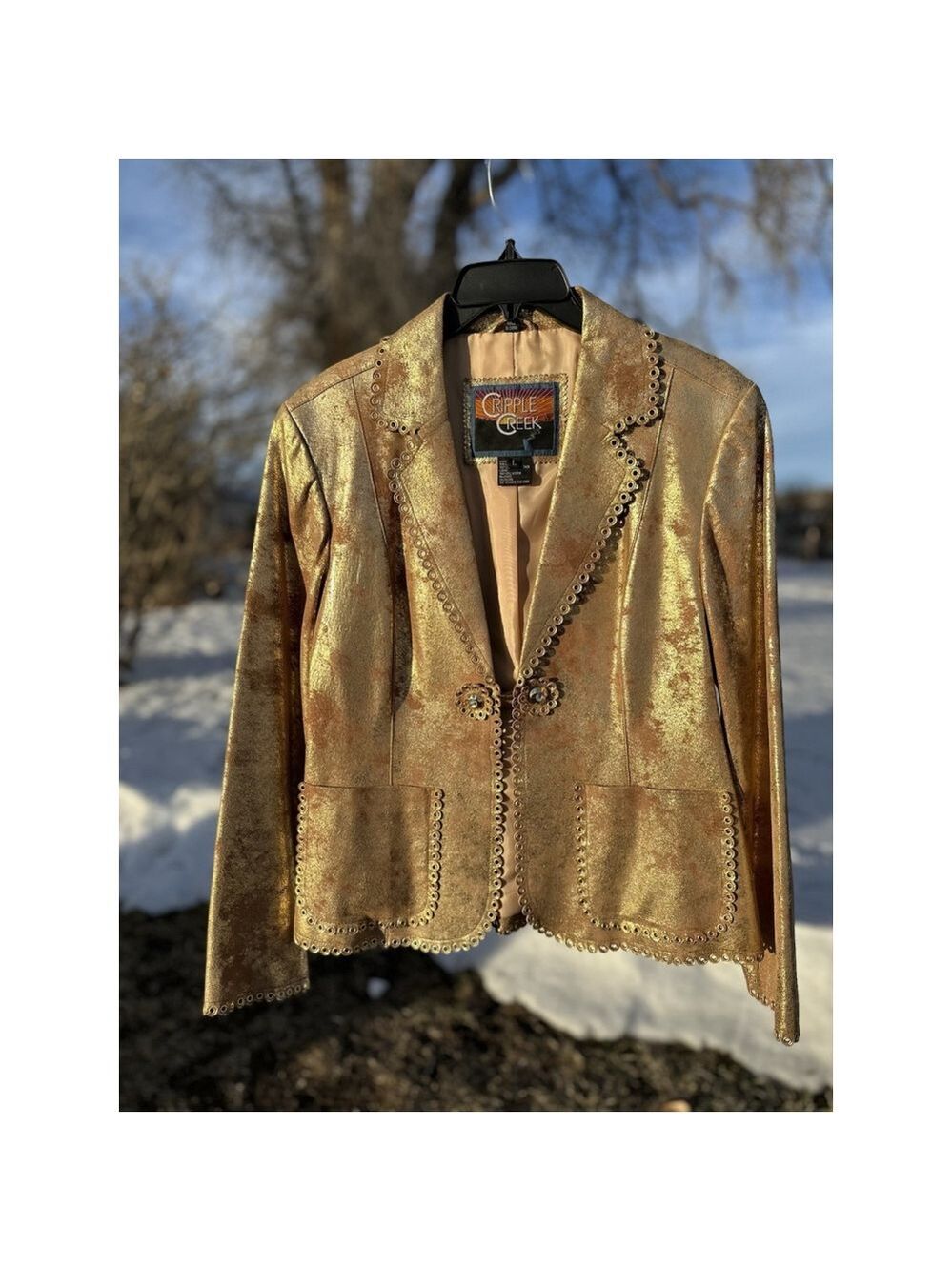 Cripple Creek Country Western Genuine Leather Jacket Womens L Gold Party Blazer